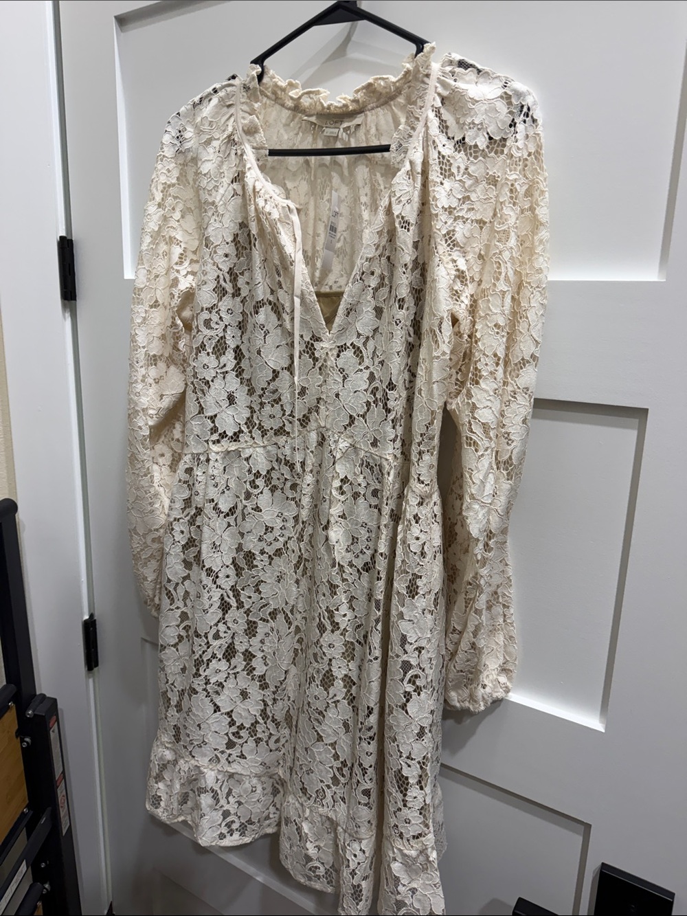 LOFT Cream Lace Long-Sleeve Ruffle Neck Dress